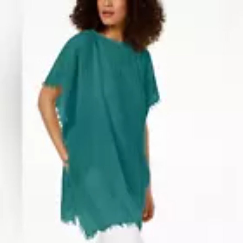 EILEEN FISHER Organic Cotton Fringe-Trim Poncho - Turquoise OS/TU - NWT